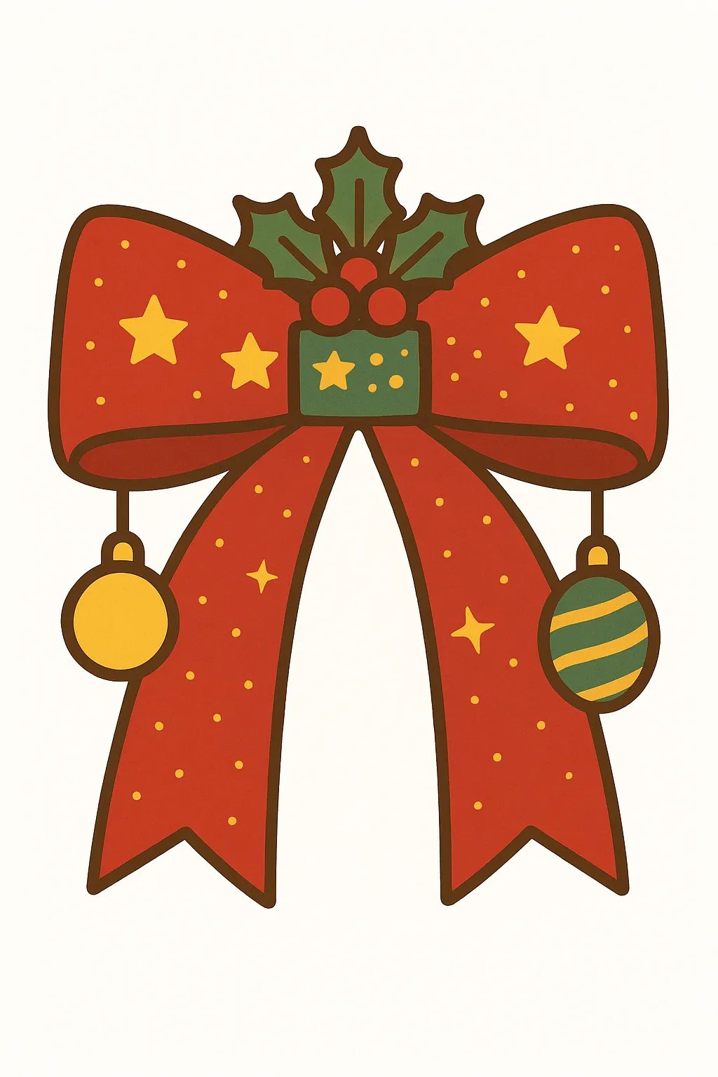 簡単かわいいクリスマスリボンの絵｜星模様やオーナメントが付いたリボンで、鮮やかな赤と緑のコントラストが映えます。細部に遊び心があり、簡単かわいいお祝い感を醸し出しています。