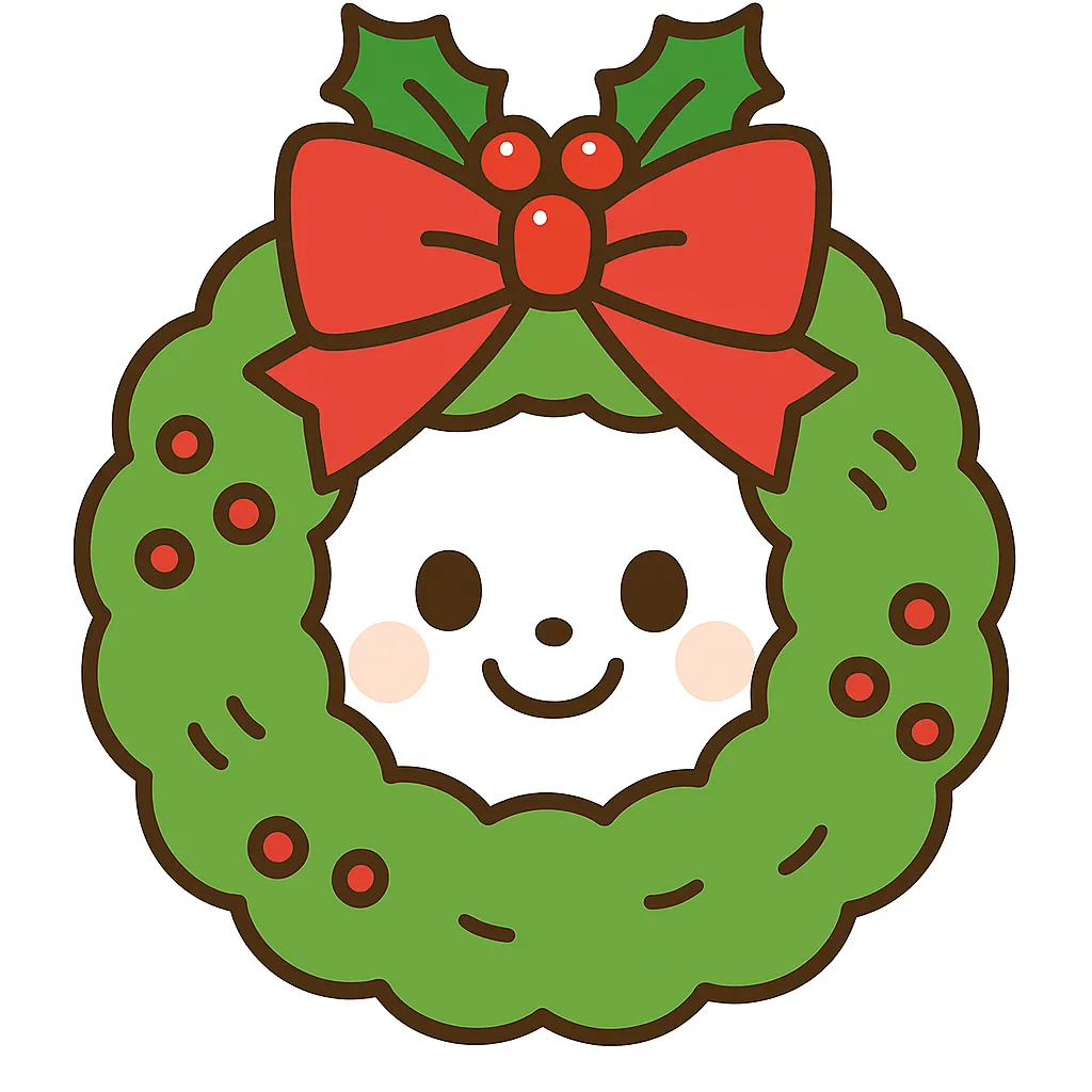 簡単かわいいクリスマスリース図案｜緑のリースに赤いリボンとヒイラギを添えたデザインで、顔のある表情がユーモラスです。暖かい色彩が心地よく、簡単かわいい印象を与えます。