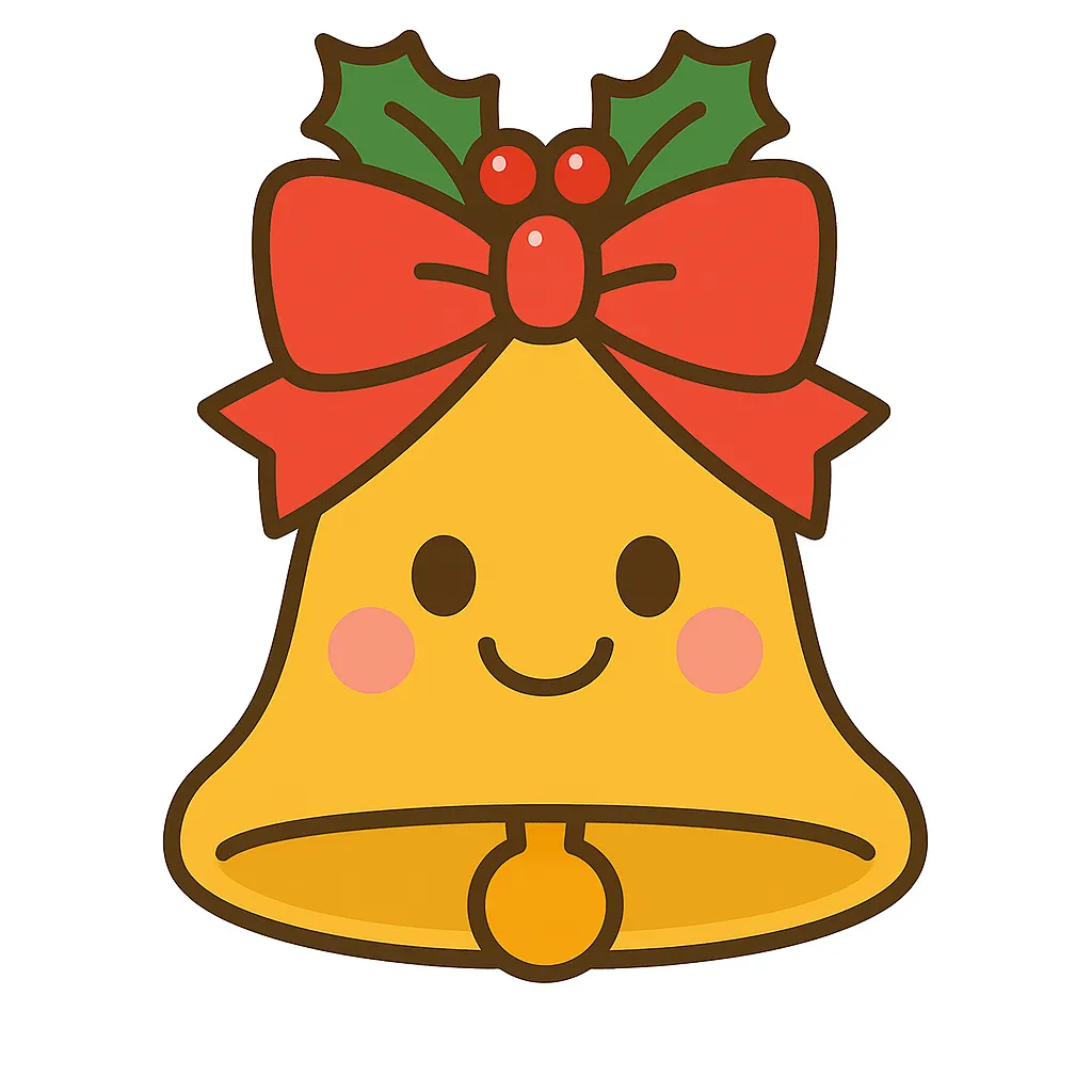 簡単かわいいクリスマスベルの絵柄｜黄色いベルに赤いリボンとヒイラギを飾ったデザインで、丸い顔が笑顔を演出します。シンプルながら愛らしく、簡単かわいい雰囲気が強調されています。