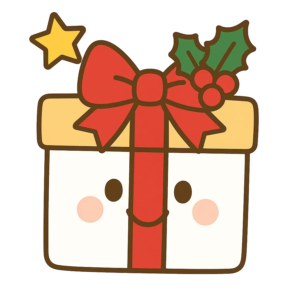 簡単かわいいクリスマスプレゼント｜丸みのある線で描かれたギフトボックスに大きな赤いリボンが映えるデザイン。柔らかな色使いで、簡単かわいい雰囲気を持ち、見ているだけで心が弾む楽しさを感じられるイラストです。