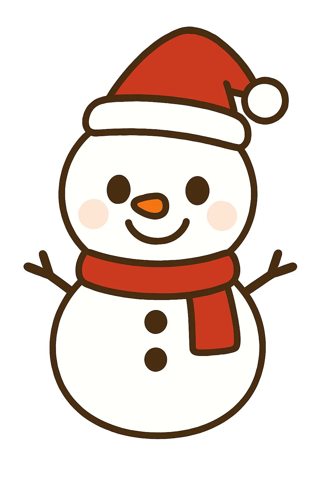 簡単かわいいクリスマス雪だるま｜白い雪だるまに赤い帽子とマフラーがアクセントとなり、冬らしい華やかさを表現。バランスの取れたシンプルな描き方で、簡単かわいい魅力が感じられる優しいタッチのイラストです。