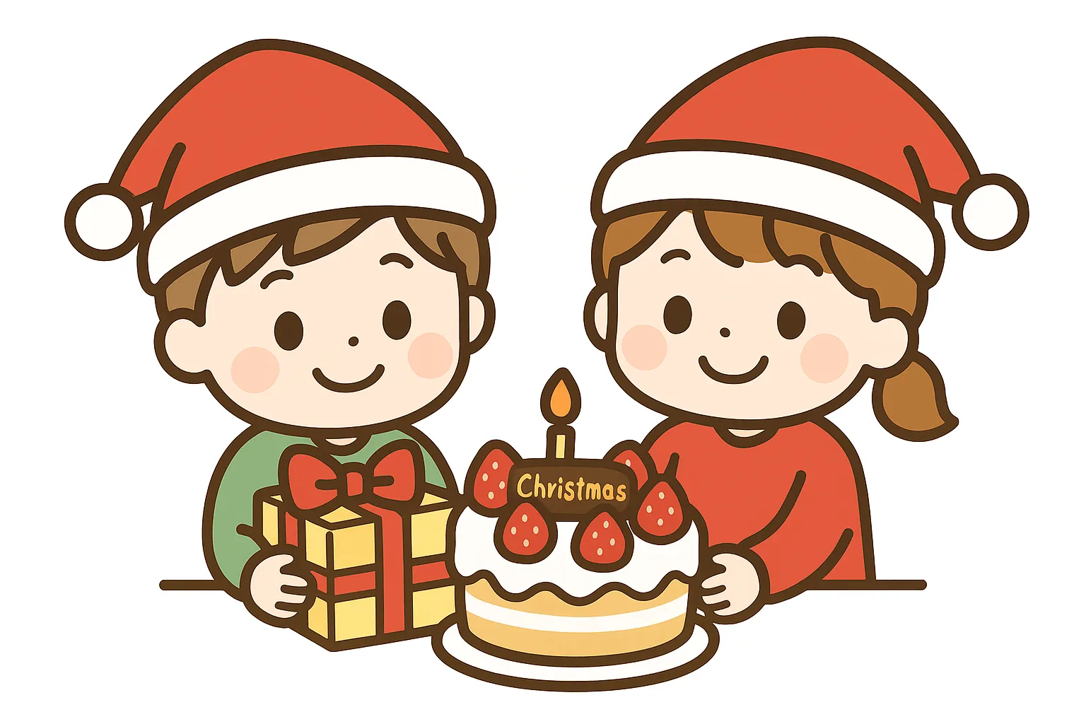 簡単かわいいクリスマスパーティ｜子どもたちがサンタ帽をかぶって楽しそうに過ごす様子を描写。ケーキとプレゼントで祝う姿は温かな雰囲気を広げ、簡単かわいいスタイルが親しみやすく微笑ましい仕上がりです。