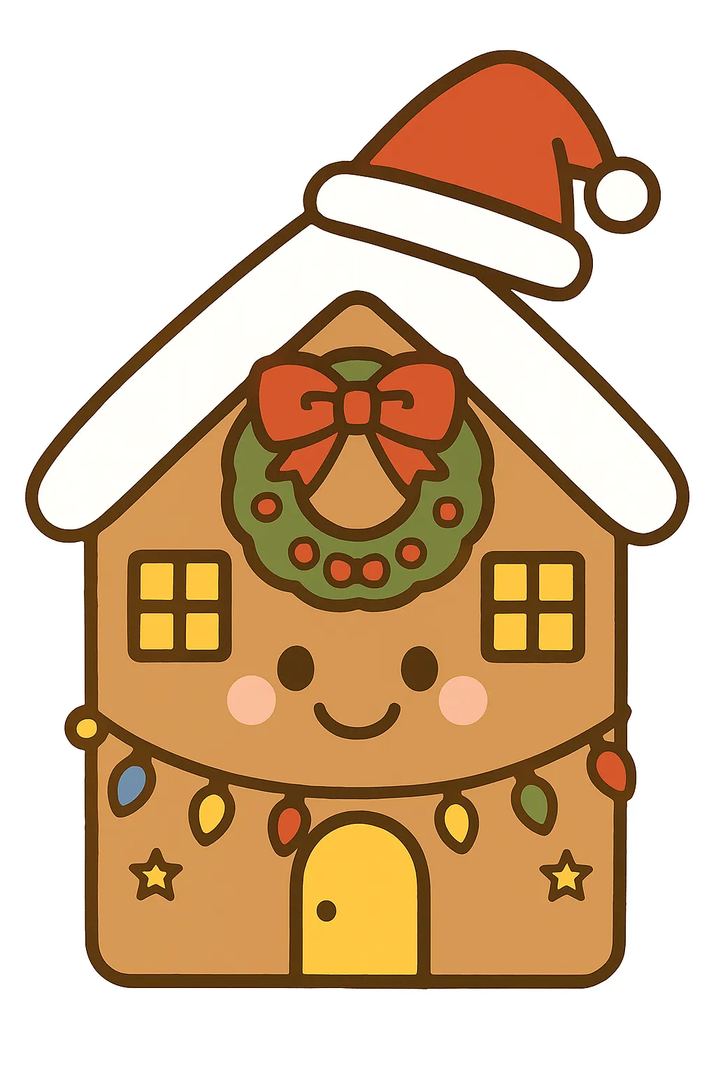 簡単かわいいクリスマス家｜お菓子の家をモチーフにした可愛らしいデザインで、リースや電飾が華やかに配置。柔らかい配色と丸い輪郭が安心感を生み、簡単かわいい印象が楽しい冬の雰囲気を表現しています。
