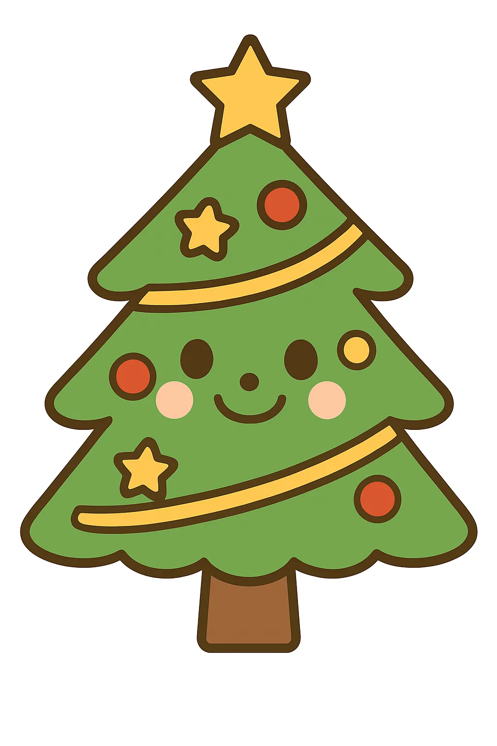 簡単かわいいクリスマスツリーイラスト｜デフォルメされたクリスマスツリーに表情が加わり、親しみやすさを感じさせる作品。柔らかな色調と軽快なタッチで楽しい印象を与える。