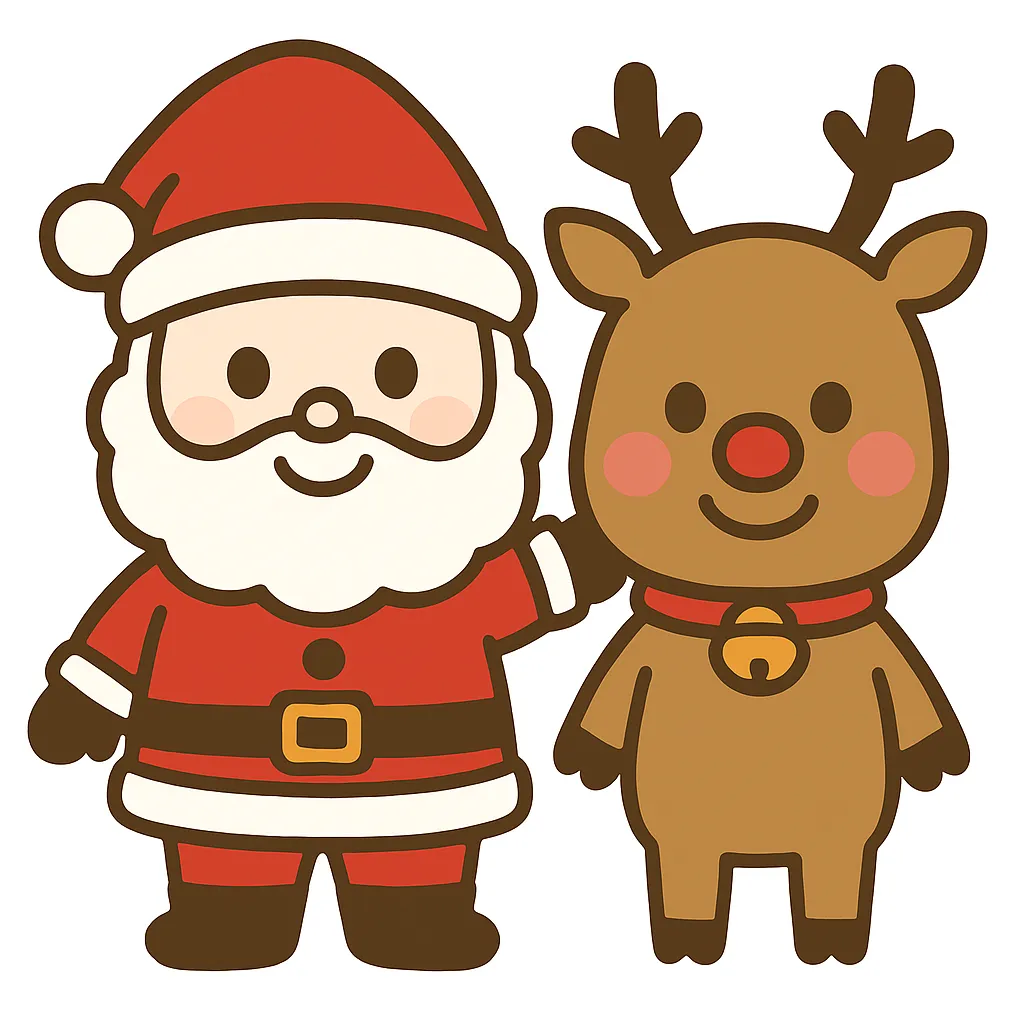 簡単かわいいサンタとトナカイの絵柄｜並んで描かれたサンタとトナカイが柔らかい表情で微笑むイラスト。丸みのある線と控えめな色合いが特徴で、簡単かわいい世界観を演出。