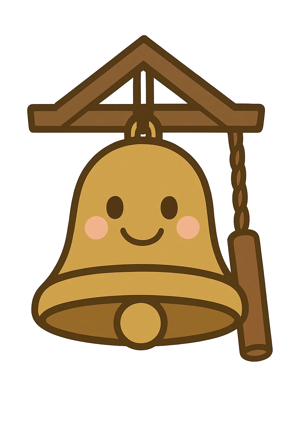簡単かわいい除夜の鐘｜大きな鐘を中心に、笑顔の表情を加えたイラスト。落ち着いた金色と茶色で温かみがあり、年末らしい静けさと伝統が伝わる簡単かわいい仕上がりです。