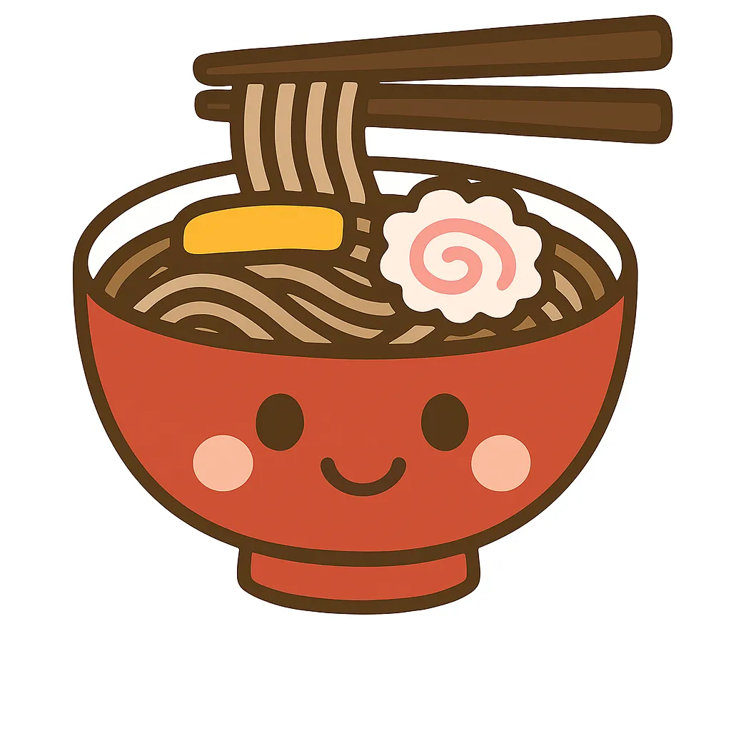 簡単かわいい年越しそば｜器に入ったそばが顔を持ち、笑顔で描かれたユーモラスな構図。茶と赤を使った柔らかな配色で、親しみやすい簡単かわいい雰囲気を感じさせるデザインです。