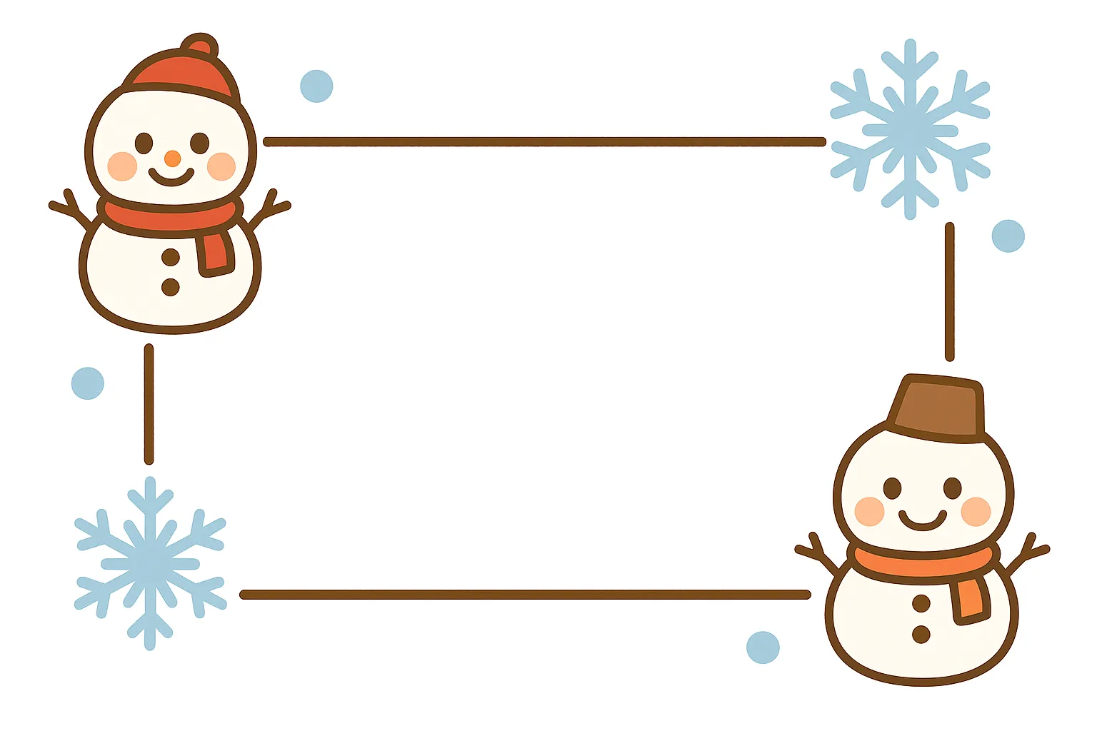 簡単かわいい12月雪だるまフレームイラスト｜雪だるまと雪の結晶を取り入れたフレーム。温かい表情と淡いブルーが調和し、簡単かわいい雰囲気で楽しい冬の印象を与えます。