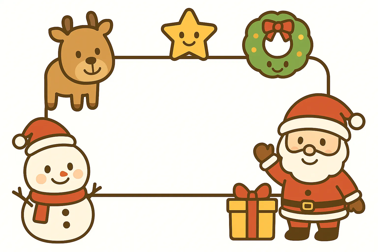簡単かわいいクリスマスフレームイラスト｜サンタやトナカイ、リースなどを配したクリスマス仕様のフレーム。明るい色合いと愛嬌ある表情が簡単かわいい雰囲気を華やかに伝えています。