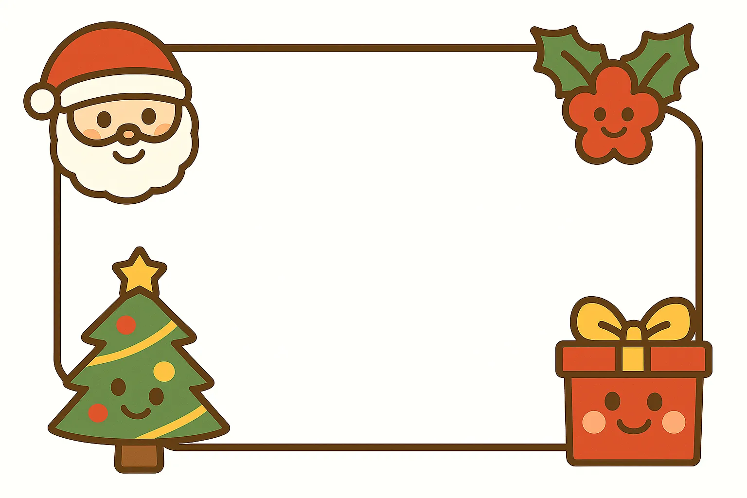簡単かわいいクリスマス枠イラスト｜サンタやツリー、プレゼントを組み合わせたフレーム。親しみやすいキャラクタータッチで、簡単かわいい雰囲気がクリスマスの楽しさを表現しています。