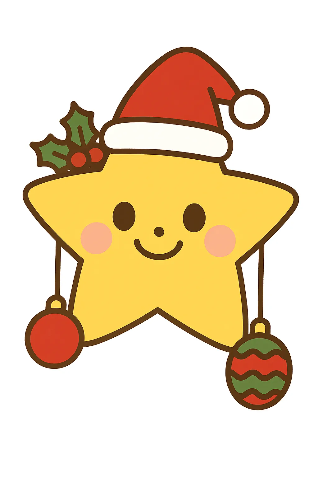 簡単かわいいクリスマス星のイラスト｜赤いサンタ帽をかぶった星のモチーフで、柔らかいタッチが温かさを感じさせます。明るい黄色に赤や緑の差し色が映え、簡単かわいい雰囲気が楽しめます。