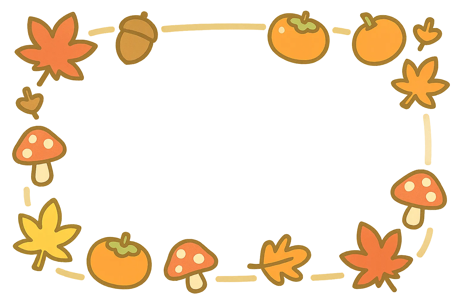 簡単かわいい秋フレーム木の実と紅葉｜どんぐりや柿、きのこと紅葉を並べた簡単かわいい秋フレーム。黄土色の背景に明るい色合いが映え、楽しい装飾感を添えるデザインになっている。