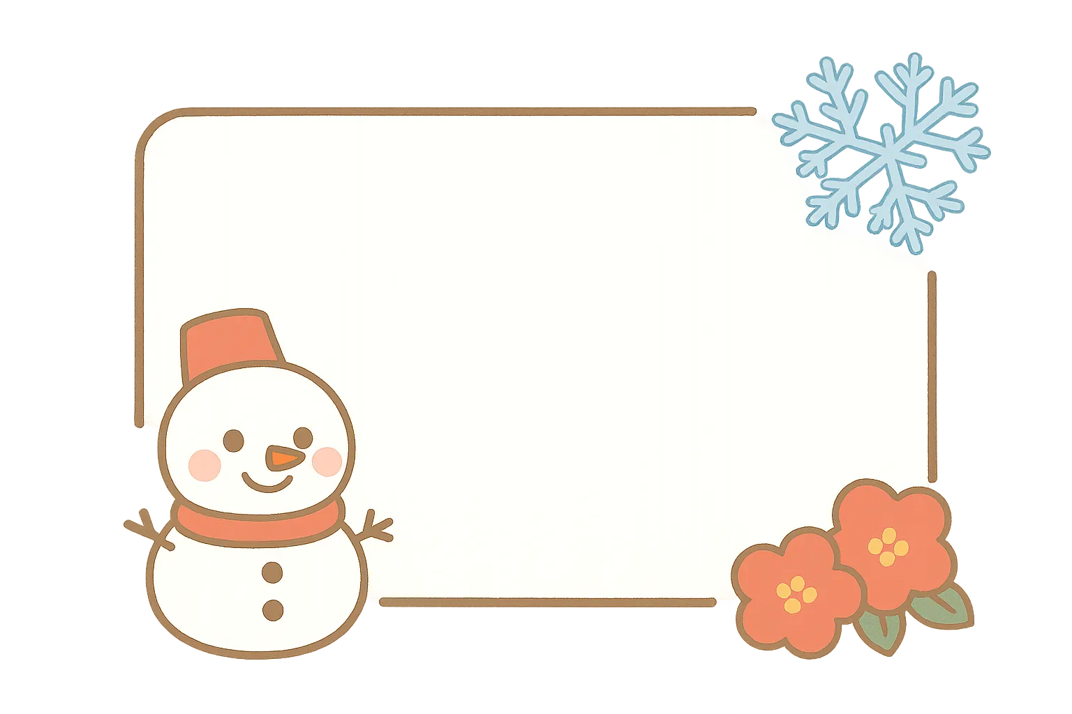 簡単かわいい冬フレーム雪だるま枠｜雪の結晶と雪だるま、赤い花を角に配置した実用的なフレーム。背景の淡い光が温かく、簡単かわいいテイストで季節感を活かせる構図になっています。