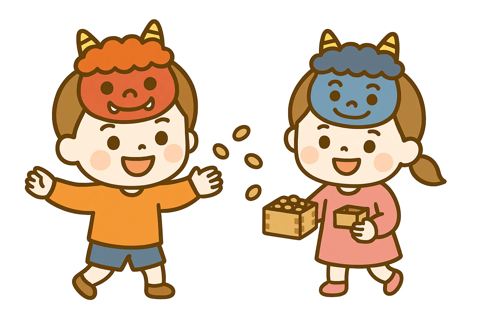 簡単かわいい節分豆まきイラスト｜鬼のお面をつけた子どもたちが豆まきを楽しむ場面を描いた簡単かわいいデザイン。明るく親しみやすい雰囲気で節分の遊び心を表現している。