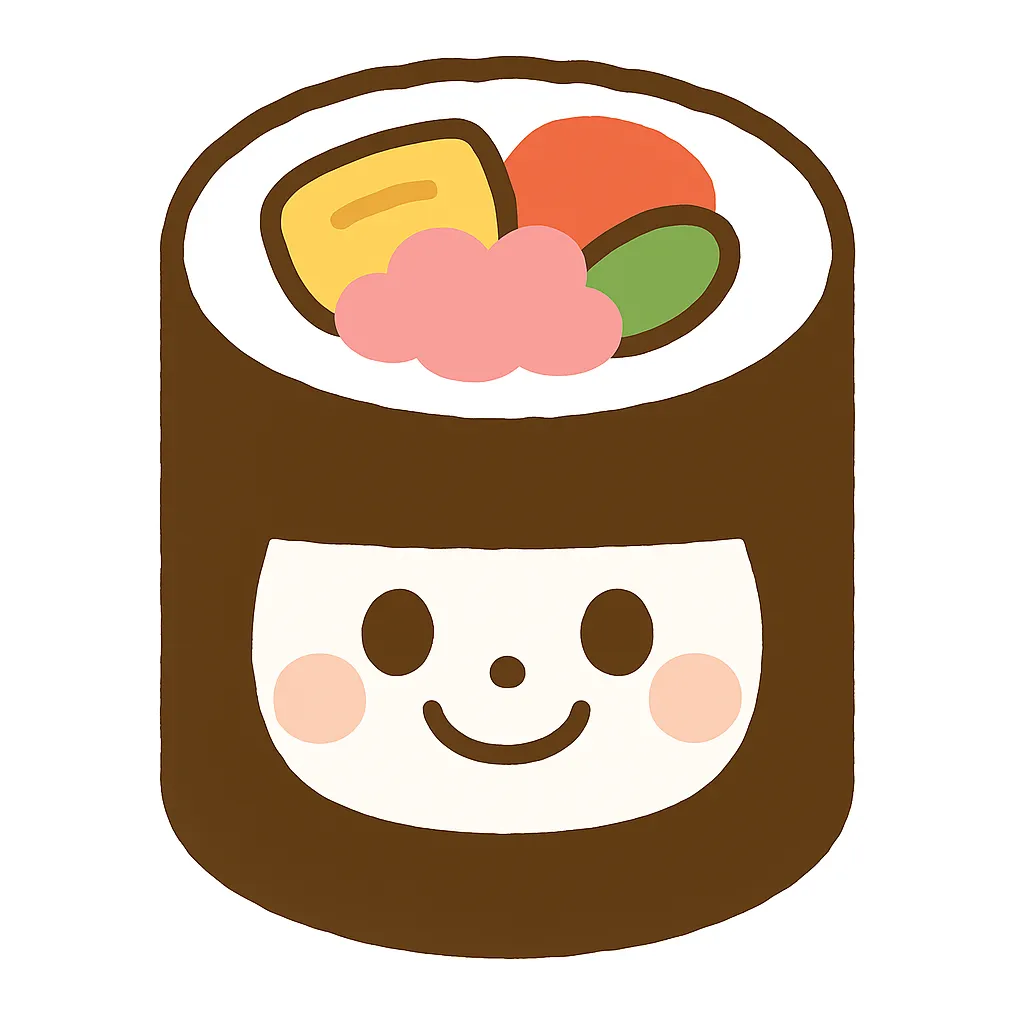 簡単かわいい恵方巻きイラスト｜具材の断面が見える恵方巻きに顔を付けた簡単かわいい作品。丸みのあるデザインで親しみやすく、節分の食文化を愛らしく表している。