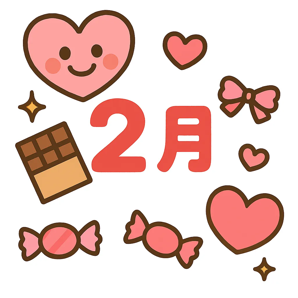 簡単かわいい2月バレンタインイラスト｜ハートやリボン、チョコが散りばめられた2月のデザイン。簡単かわいい雰囲気でバレンタインの甘く楽しい季節感を表現している。