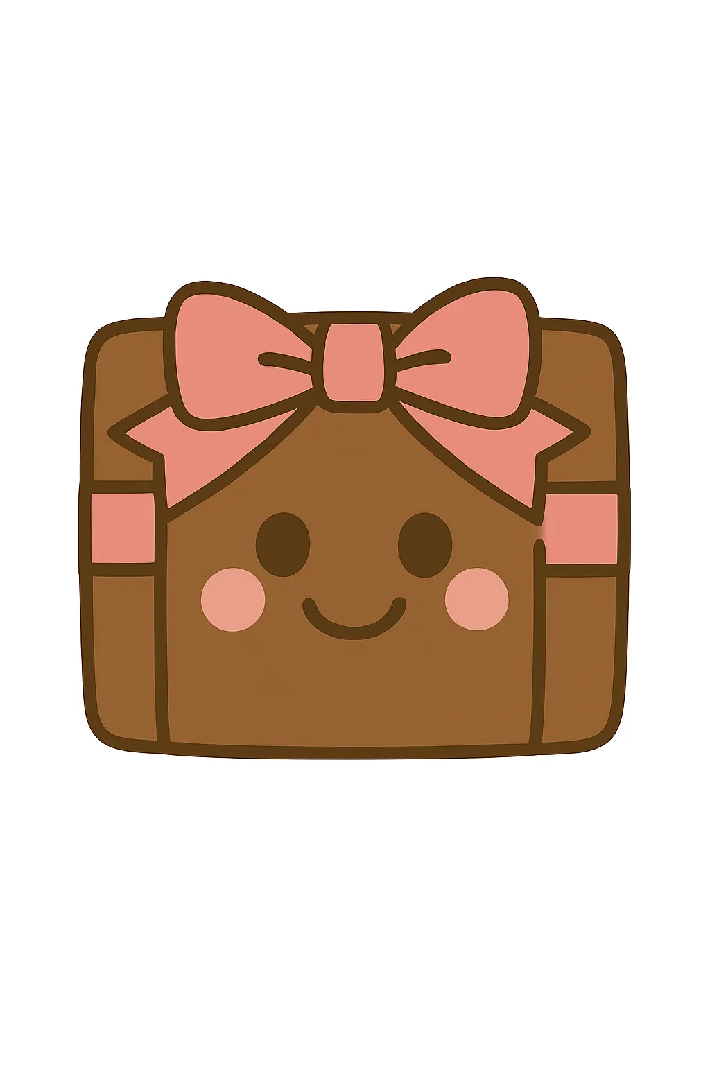 簡単かわいいバレンタインチョコイラスト｜リボンを付けた四角いチョコレートが顔つきで描かれた簡単かわいいイラスト。シンプルで親しみやすく、贈り物の温かみを感じさせる。