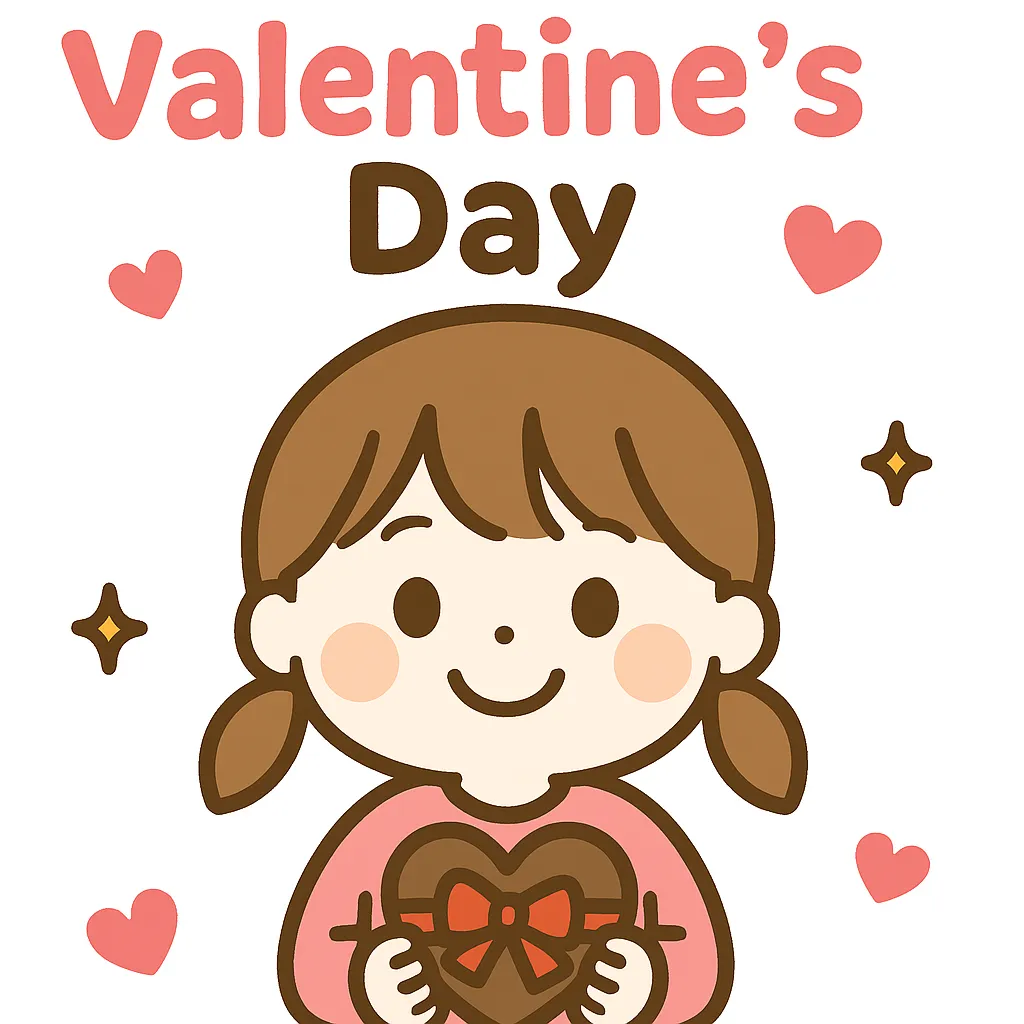 簡単かわいいバレンタインデーイラスト｜ハート型チョコを持つ女の子が描かれた簡単かわいい作品。やさしい色調と柔らかな線で、バレンタインの微笑ましい雰囲気を表現している。