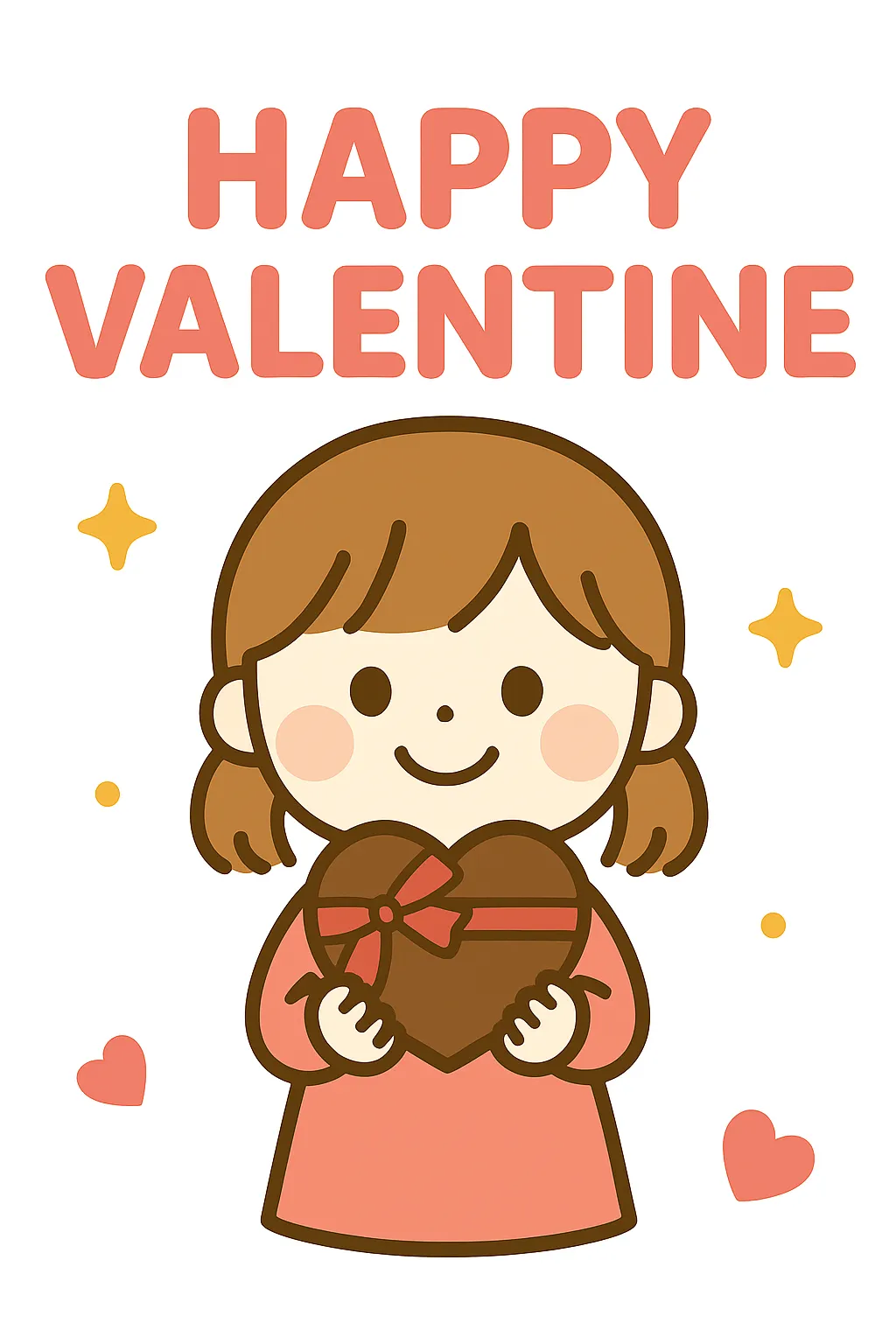 簡単かわいいハッピーバレンタインイラスト｜大きな文字とチョコを持つ女の子を組み合わせた簡単かわいいイラスト。明るく愛らしい表情で、バレンタインの祝福感を伝えている。