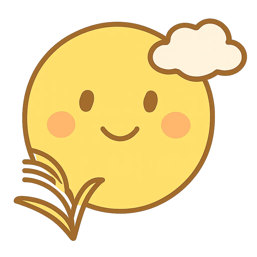 簡単かわいいお月見イラスト｜満月が微笑む姿をモチーフにしたお月見のデザイン。黄金色の発光感を強調した背景が幻想的で、雲やススキがアクセントを加える。丸みのある線と穏やかな表情が簡単かわいい印象を演出しています。