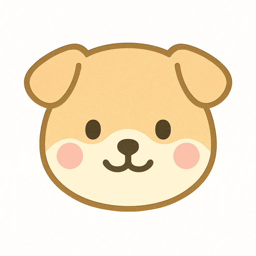 子犬のかわいい顔｜丸みのある輪郭とつぶらな瞳が特徴の子犬の顔デザイン。小さな耳とふんわりピンクのほっぺが、幼さや愛らしさを引き立て、保育教材やキャラクター素材にぴったりです。