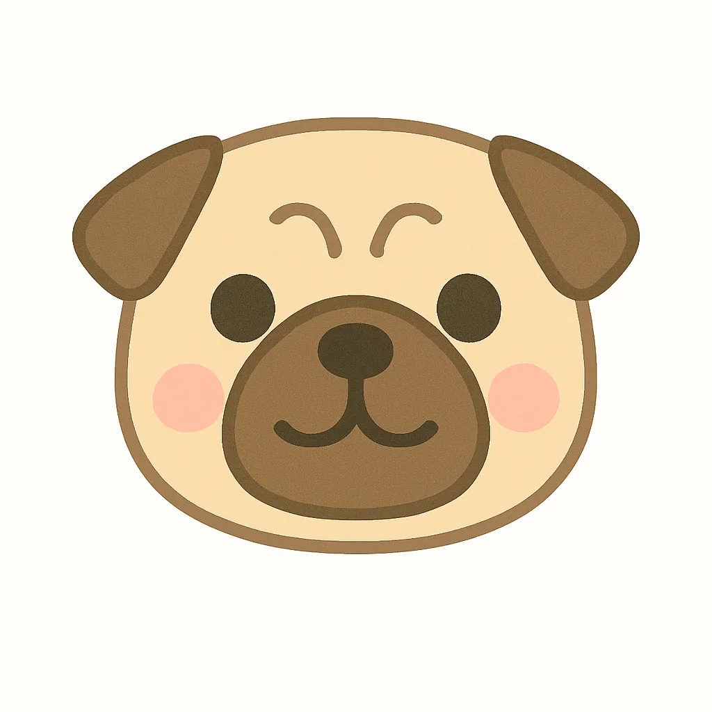 パグのかわいい顔｜しわのある額とつぶらな瞳が印象的なパグの顔イラスト。まるくてぺたんこの鼻と、愛嬌たっぷりの表情が子どもたちの目を引き、保育素材としても人気です。