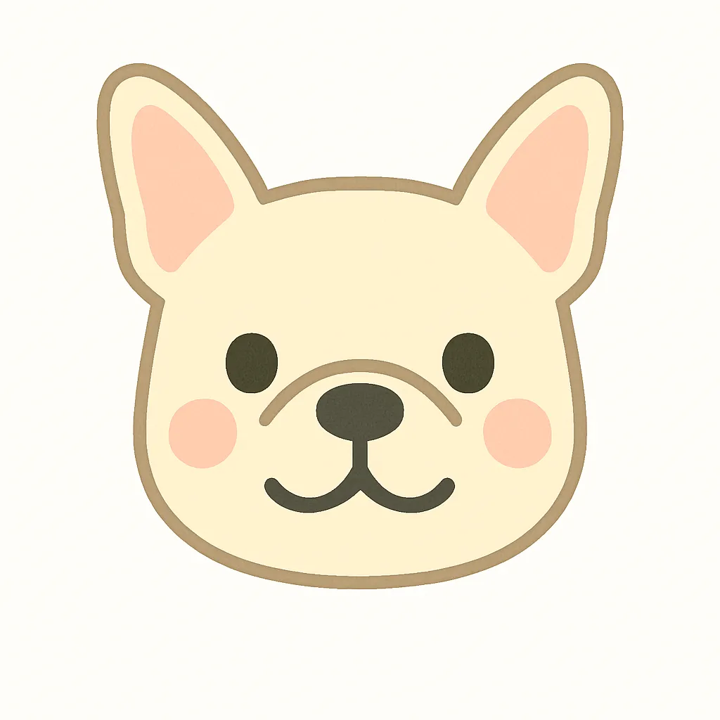 フレンチブルドッグのかわいい顔｜大きな立ち耳とぺたんこ顔がチャームポイントのフレンチブルドッグのイラスト。表情はフレンドリーでやさしく、保育現場の装飾や絵本素材に最適です。