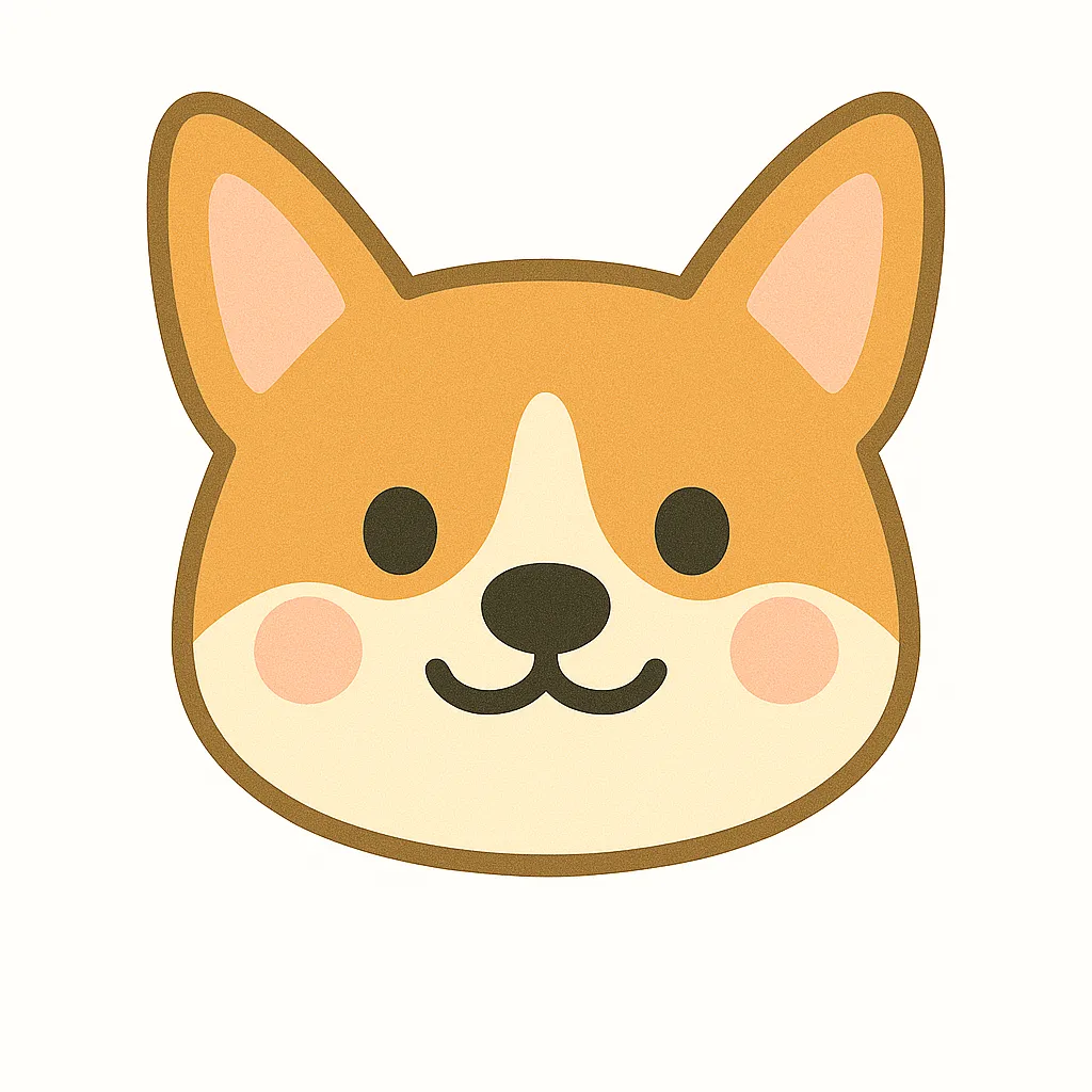 コーギーのかわいい顔｜大きな立ち耳とまるい顔が特徴のコーギーのイラスト。元気な印象の中にもやさしさがあり、愛らしいほっぺが子どもたちにも親しまれる表情です。