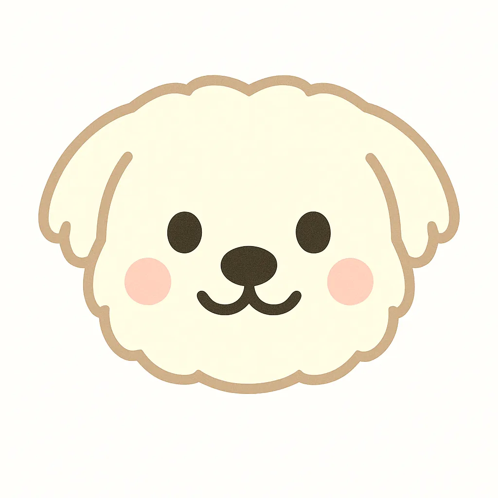 マルチーズのかわいい顔｜ふわふわの毛並みとつぶらな瞳が愛らしいマルチーズの顔イラスト。白くやわらかな印象で、安心感のあるデザインが保育シーンにもなじみます。