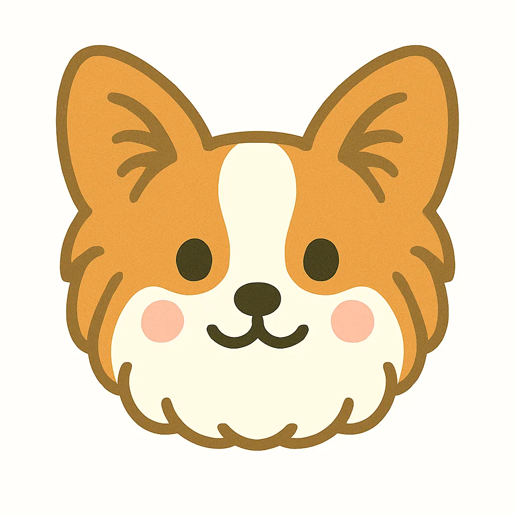 パピヨンのかわいい顔｜蝶のような大きな耳が特徴のパピヨンの顔デザイン。やさしい表情とすっきりとした輪郭が印象的で、幼児向けの掲示やどうぶつ紹介にぴったりです。