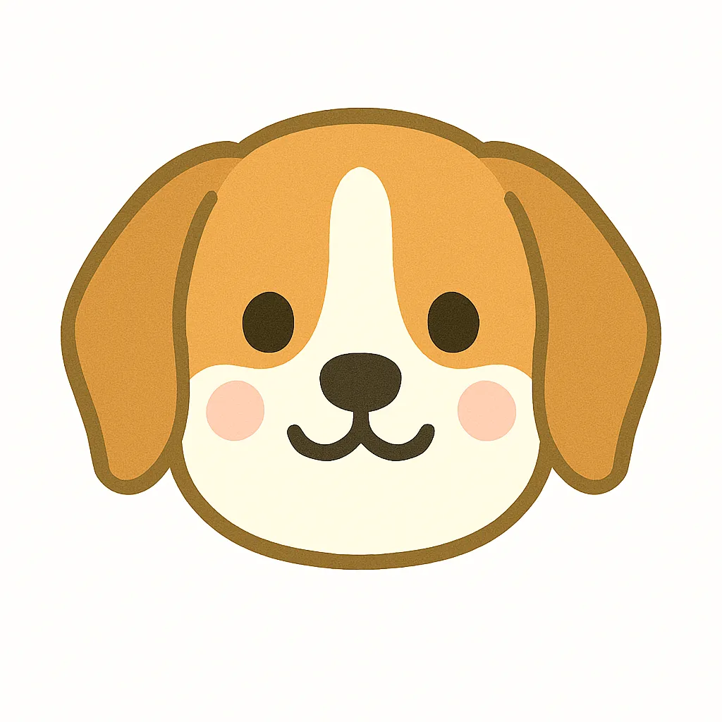 ビーグルのかわいい顔｜たれ耳とまるい目が印象的なビーグルの顔イラスト。明るくやさしい表情で、子どもたちにも親しみやすく、保育シーンの装飾や教材にぴったりです。