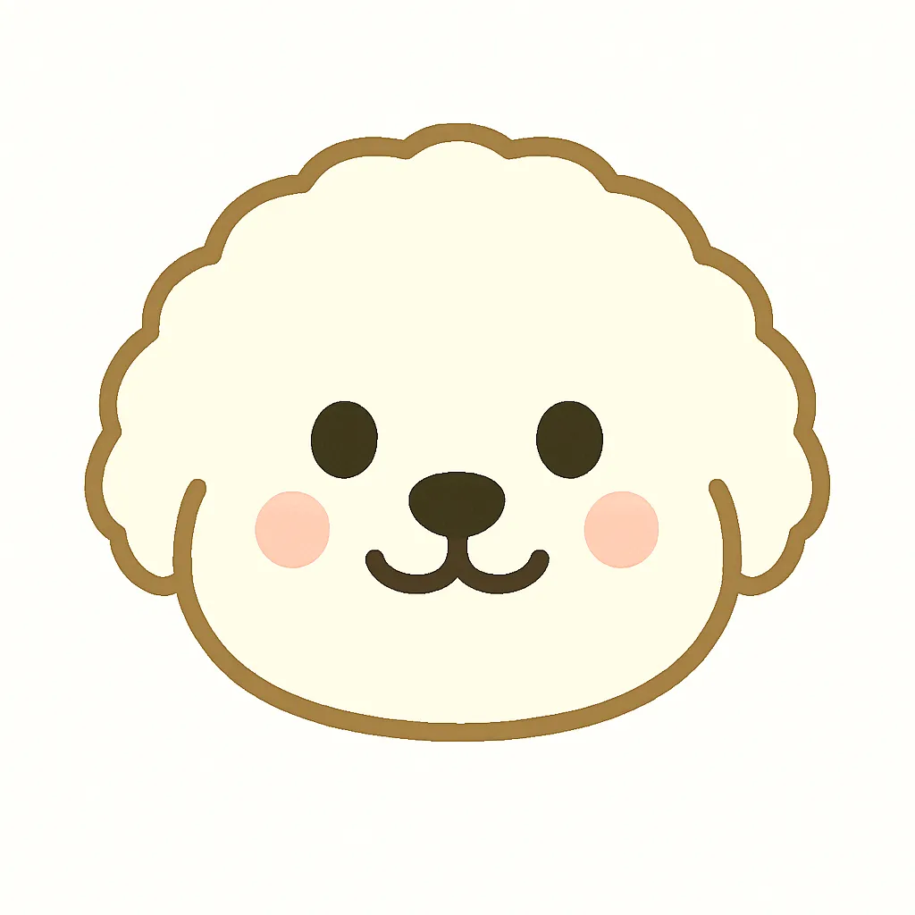 ビションフリーゼのかわいい顔｜ふわふわの白い毛と丸くて愛らしい輪郭が特徴のビションフリーゼの顔デザイン。ほんのりピンクのほっぺがやさしい雰囲気を演出し、幼児向け素材に最適です。