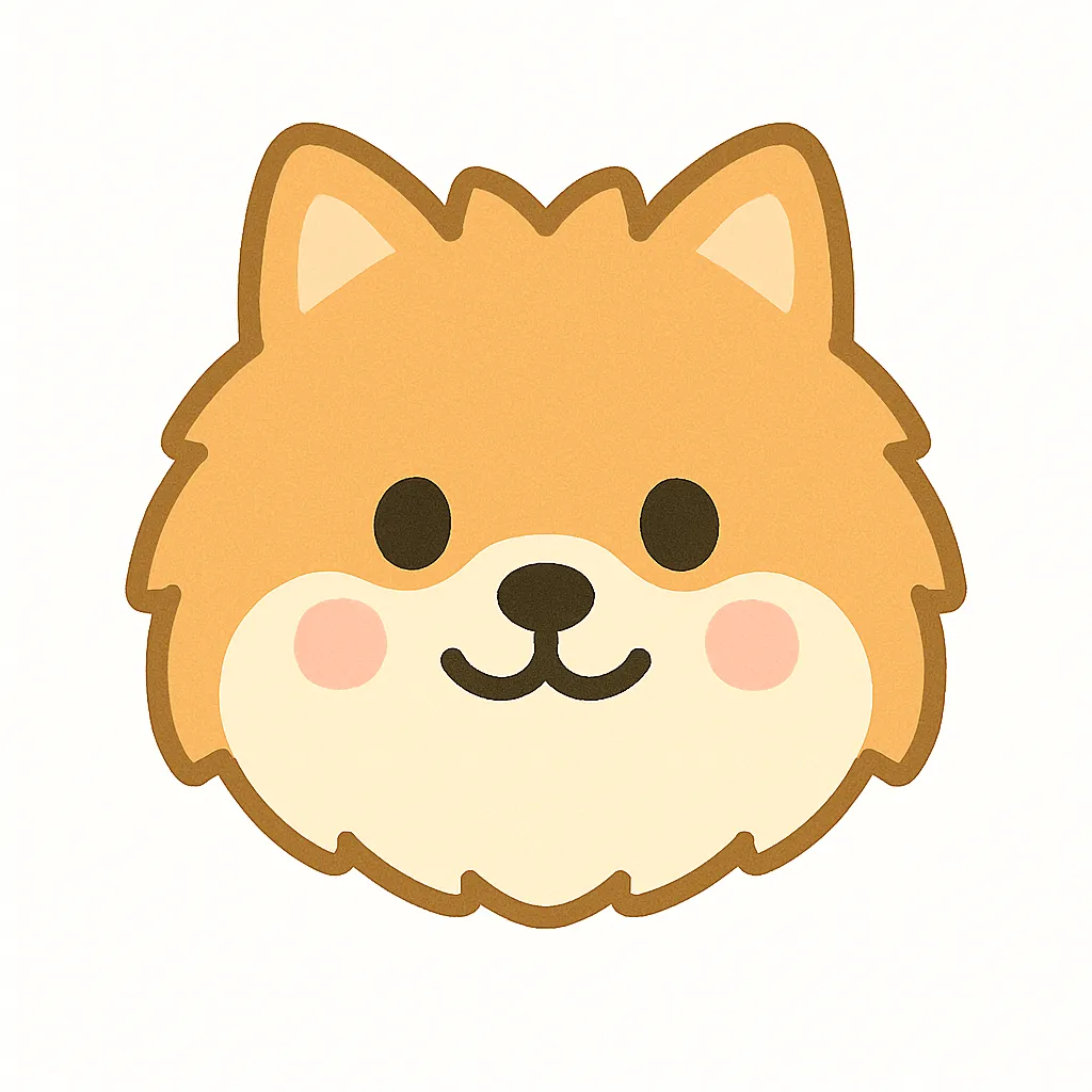 ポメラニアンのかわいい顔｜もこもこの毛並みと丸い目が愛らしいポメラニアンの顔イラスト。元気で明るい表情が特徴で、保育の掲示やキャラクターづくりに活用できます。
