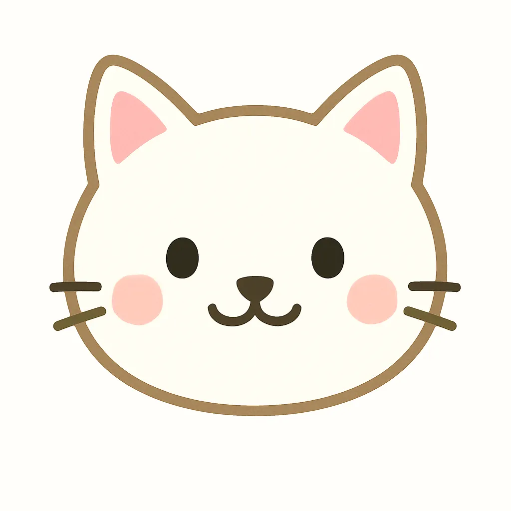 白猫のかわいい顔｜ふんわりとした白い顔にピンクのほっぺが映える白猫の顔デザイン。やさしく穏やかな雰囲気で、幼児向けのイラスト素材やイベントの装飾に最適です。