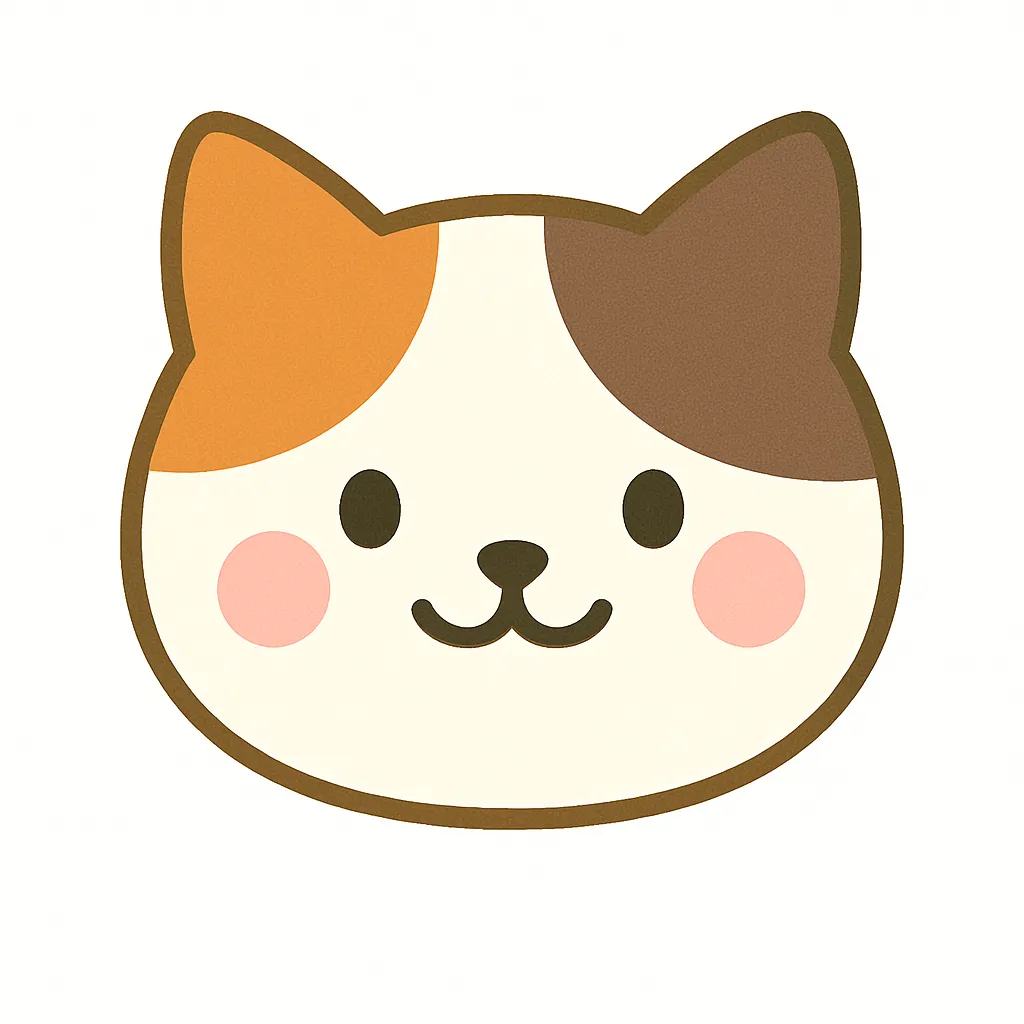 三毛猫のかわいい顔｜茶・黒・白の模様が特徴的な三毛猫の顔イラスト。丸い目とほっぺの赤みが親しみやすく、カラフルで明るい雰囲気が保育素材や装飾にもぴったりです。