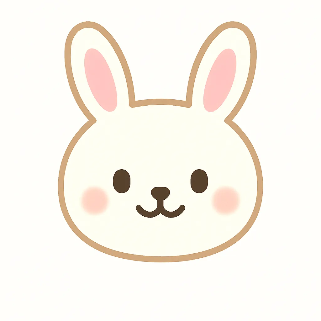 うさぎのかわいい顔｜長い耳とまんまるの顔が特徴のうさぎの顔イラスト。淡いピンクのほっぺや口元の微笑みが、やさしい印象を与え、幼児向けの教材や掲示物にぴったりです。
