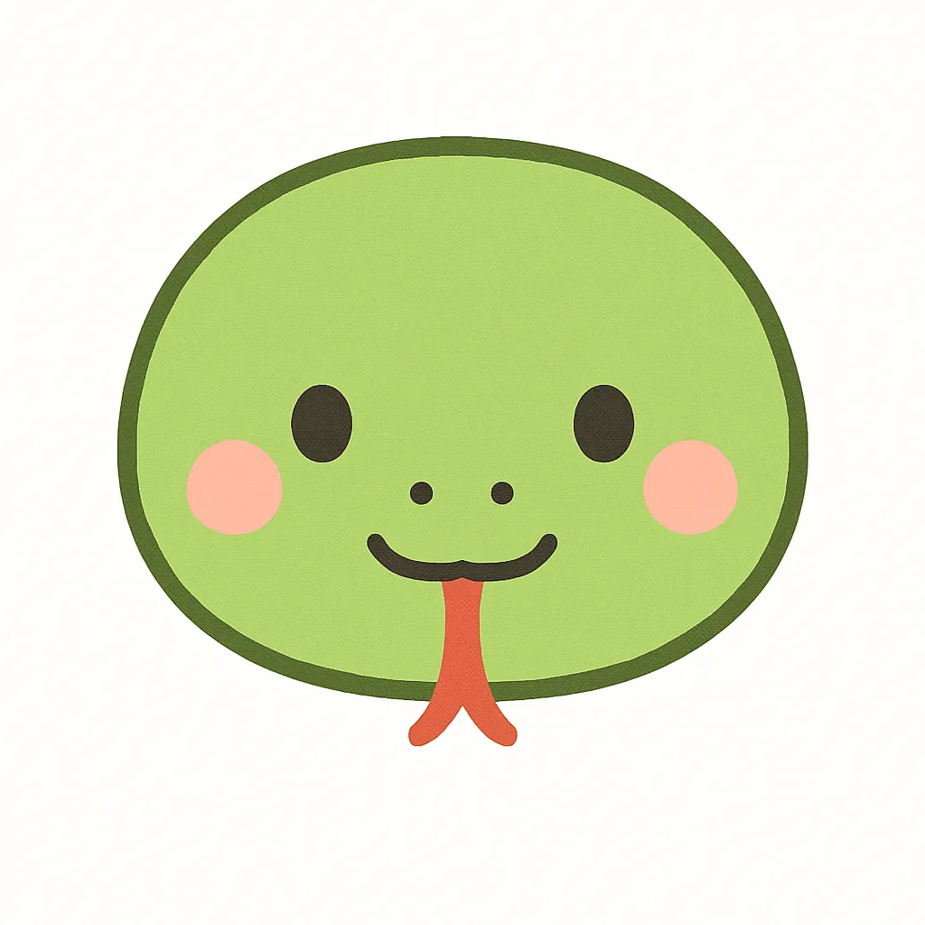 緑の蛇のかわいい顔｜明るい緑色が目を引く蛇の顔イラスト。丸い目と小さな笑顔で親しみやすく仕上げられており、怖さを感じさせず、保育向けにも使いやすいデザインです。