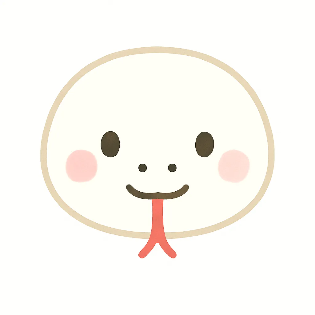 白蛇のかわいい顔｜真っ白な顔にピンクのほっぺが映える白蛇の顔イラスト。やさしく穏やかな表情で、縁起のよい存在として、子ども向けイベントにも活用しやすいデザインです。