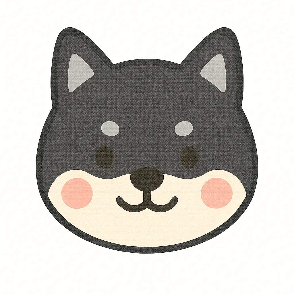 黒柴犬のかわいい顔｜黒い毛並みとくっきりした目元が特徴の黒柴犬の顔デザイン。まるい輪郭にやさしい表情が加わり、落ち着きとかわいらしさを兼ね備えた保育向けイラストとして活用できます。