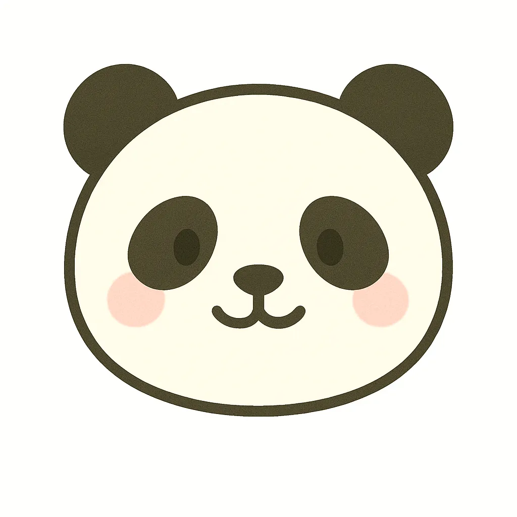 パンダのかわいい顔｜黒い耳と目のまわりが特徴的なパンダの顔イラスト。丸くて愛嬌のある表情が子どもたちに人気で、保育ポスターや動物コーナーの装飾にも活用できます。