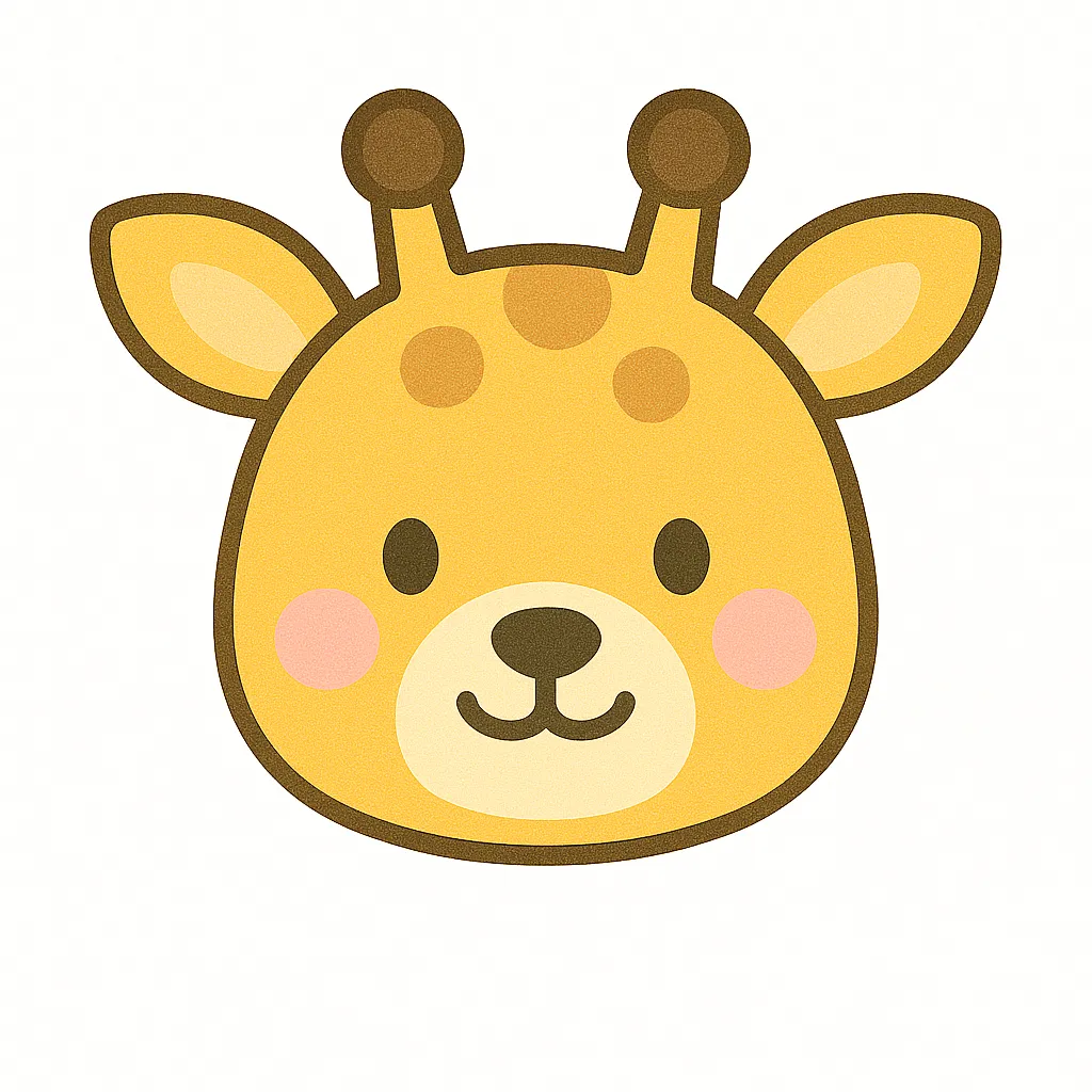 キリンのかわいい顔｜小さな角と大きな耳が特徴的なキリンの顔イラスト。まるく親しみやすい表情と淡い黄色の模様が魅力で、保育教材や動物紹介の装飾にぴったりです。