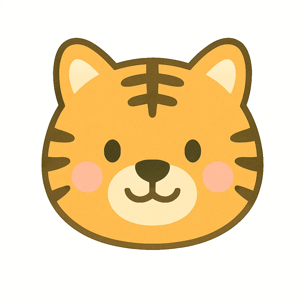 虎のかわいい顔｜くっきりした縞模様が目を引く虎の顔イラスト。丸いフォルムと微笑む口元がやさしい印象を与え、節分や動物テーマの保育素材に使いやすいデザインです。