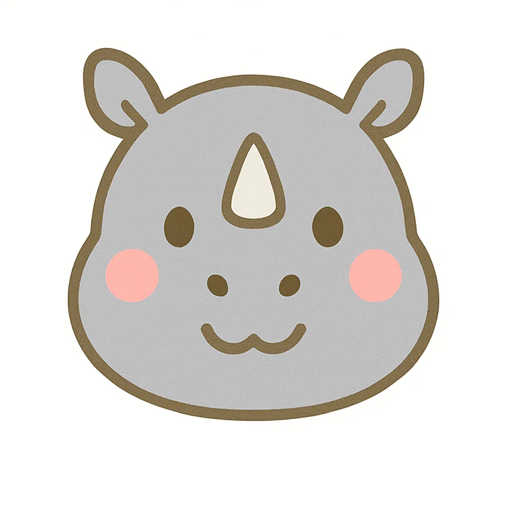 サイのかわいい顔｜まるい顔に小さな角がちょこんと乗ったサイの顔イラスト。おだやかな目元と淡いグレーの色合いが、優しく落ち着いた雰囲気を演出します。