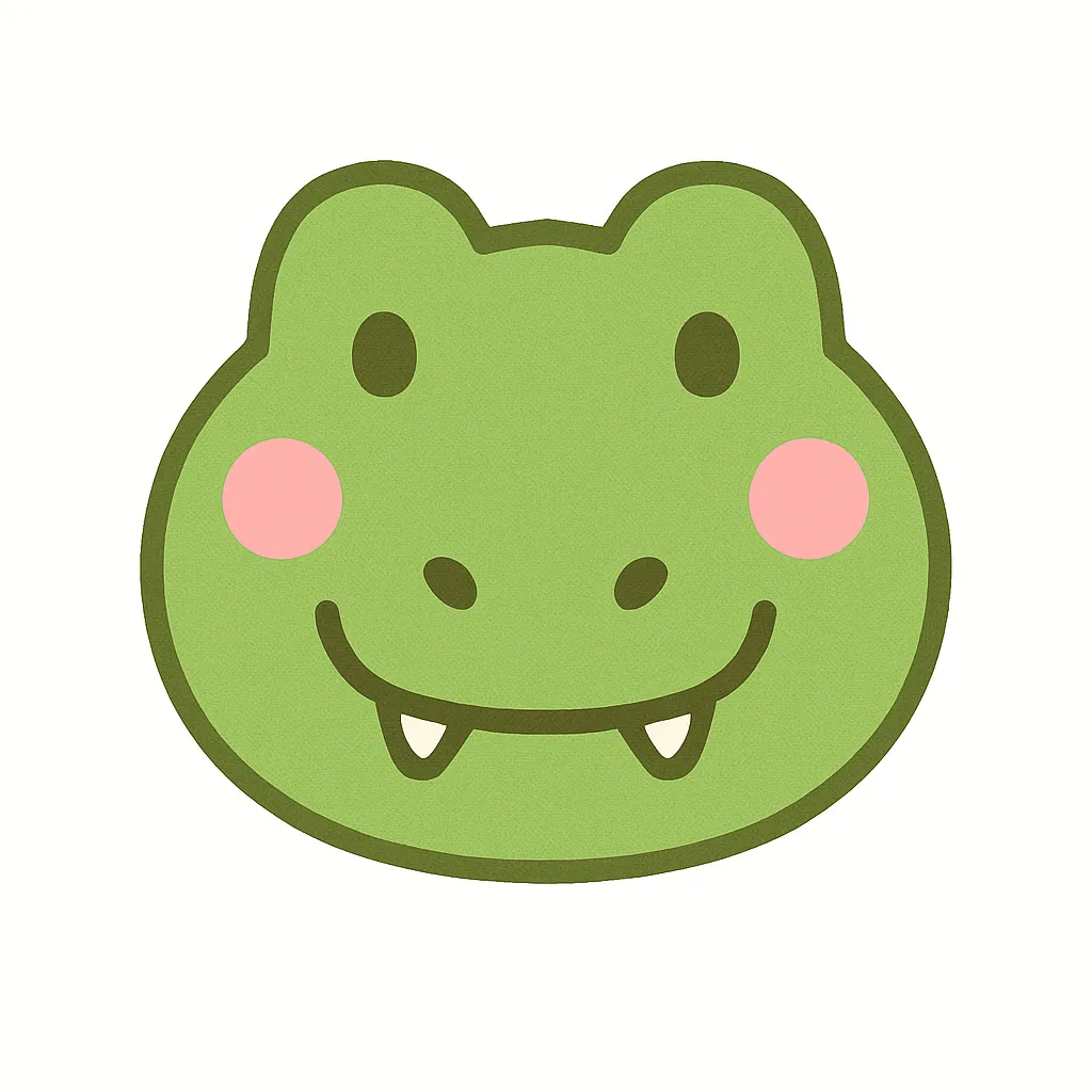 ワニのかわいい顔｜まるい輪郭に小さな目と大きな口が特徴的なワニの顔イラスト。明るい緑色とやさしい表情で、怖さを感じさせず親しみやすいデザインに仕上げています。