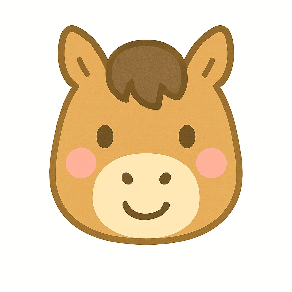 馬のかわいい顔｜立ち耳とおだやかな目元が印象的な馬の顔イラスト。やさしい茶色のカラーと微笑んだ表情が特徴で、動物テーマの装飾や教材にぴったりです。