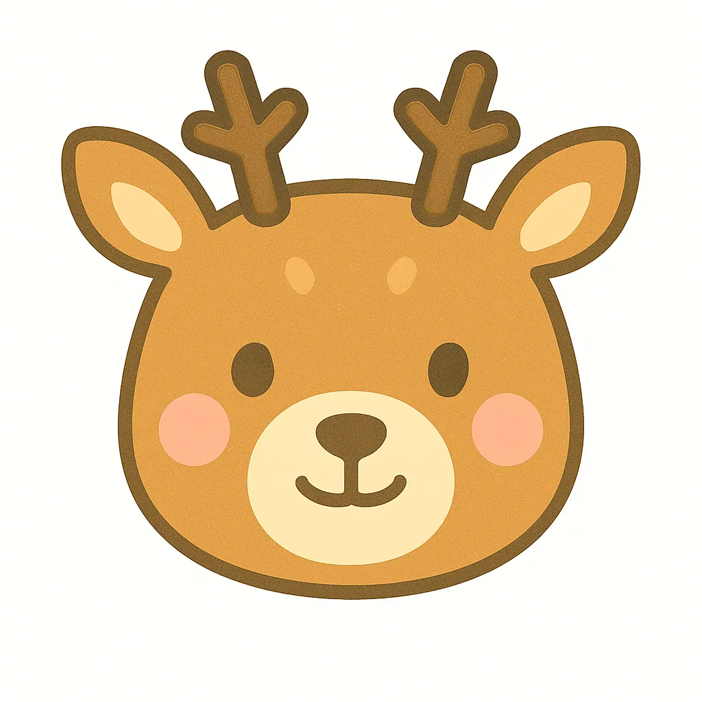 鹿のかわいい顔｜小さな角とやさしい表情が特徴の鹿の顔イラスト。丸くてあたたかみのある色合いで、秋の装飾や自然をテーマにした保育素材にぴったりです。