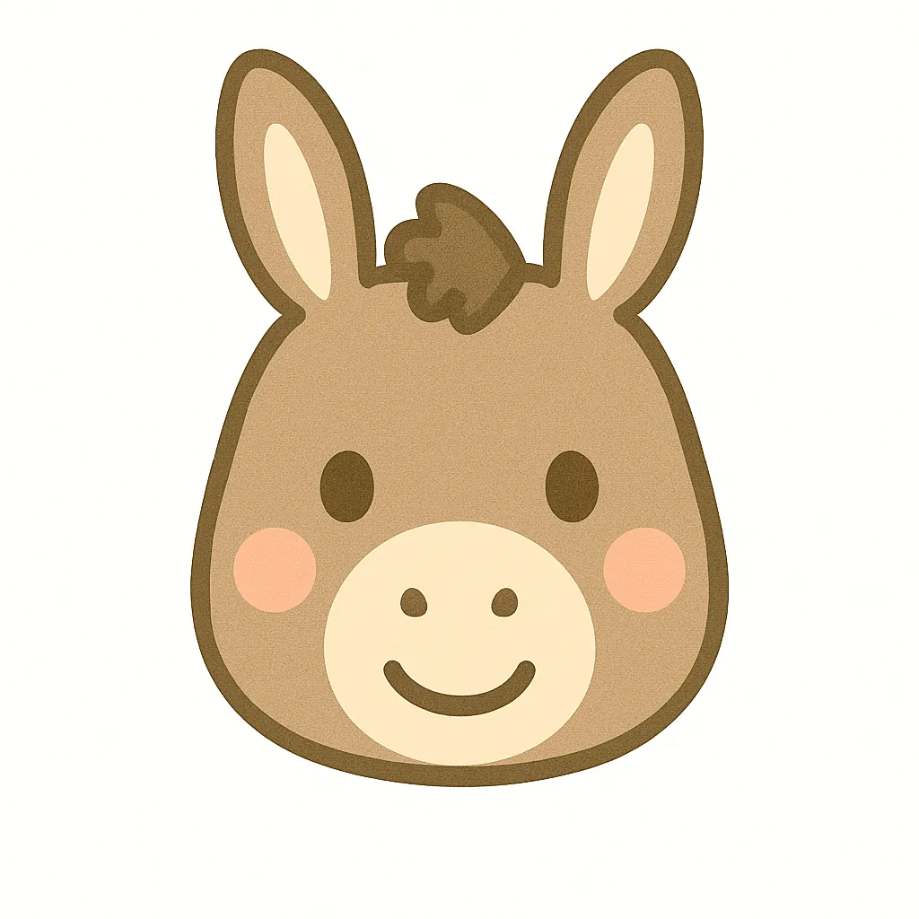 ロバのかわいい顔｜長めの耳と素朴な表情が魅力的なロバの顔イラスト。落ち着いた色味と親しみやすいデザインで、動物テーマの行事や掲示に活用しやすい素材です。