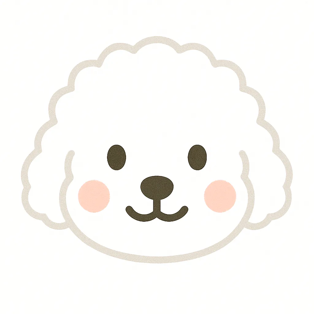 白プードルのかわいい顔｜全体が明るい白でまとめられた白プードルの顔イラスト。つぶらな瞳とふんわり毛並みのコントラストが可愛らしく、清潔感のあるやさしい印象を与えます。
