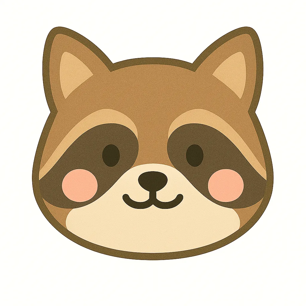 たぬきのかわいい顔｜まるい目とふっくらした輪郭が特徴的なたぬきの顔イラスト。茶色の落ち着いた色合いと優しい表情が、秋の行事や森の動物テーマにぴったりの素材です。