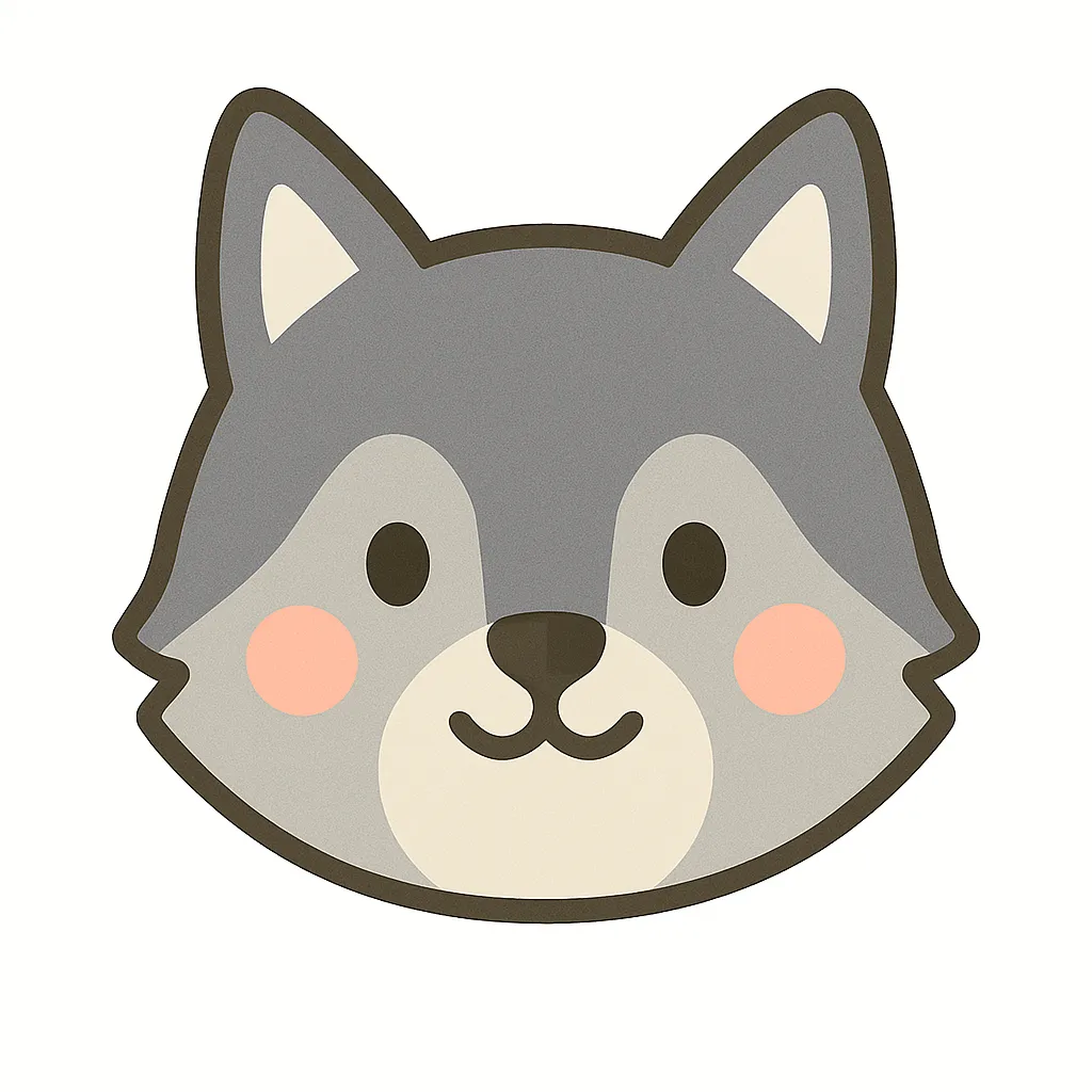 オオカミのかわいい顔｜とがった耳とキリッとした目元が特徴のオオカミの顔イラスト。灰色をベースにやわらかい印象で描かれ、怖さを感じさせず親しみやすいデザインに仕上げています。